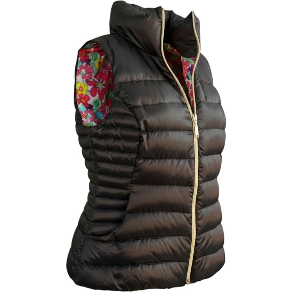 Lilly Pulitzer Womens Black Quilted Down Puffer Vest Gold Zip Floral Lining S